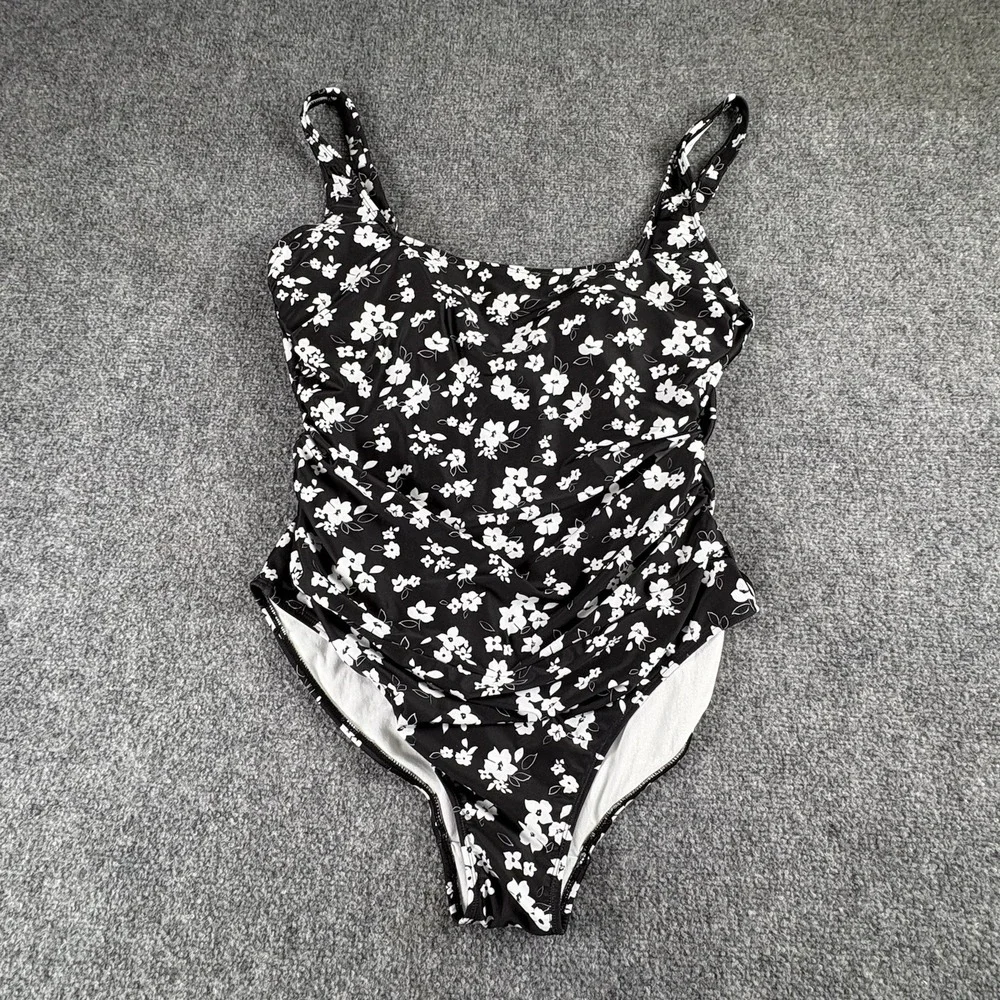 Anne Cole One Piece Swimsuit Women's 14 Black White Floral Ruched Tummy Control